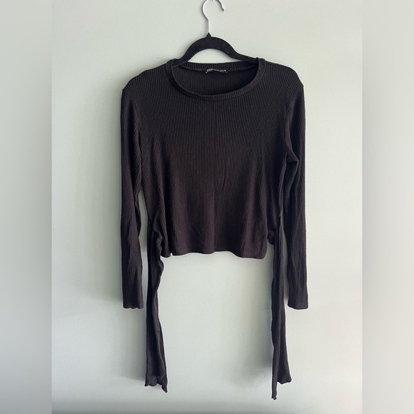 Zara Bow Tie Black Ribbed Long-Sleeve Top - Picture 4 of 7